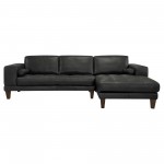 Wynne Contemporary Sectional in Genuine Black Leather with Brown Wood Legs