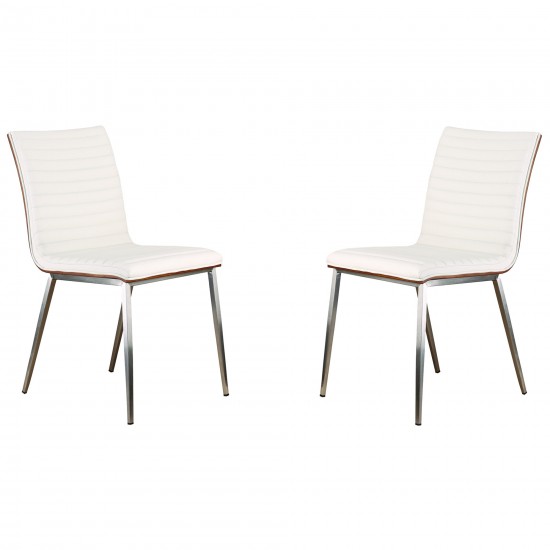 Café Brushed Stainless Steel Dining Chair in White Faux Leather - Set of 2