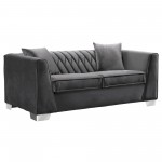 Cambridge Contemporary Loveseat in Brushed Stainless Steel and Dark Gray Velvet