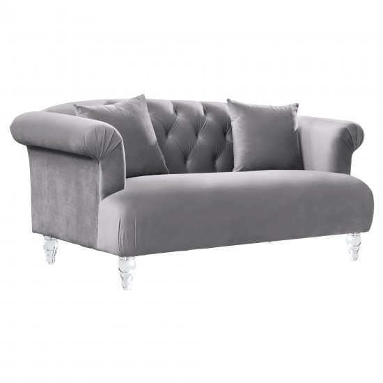 Elegance Contemporary Loveseat in Gray Velvet with Acrylic Legs