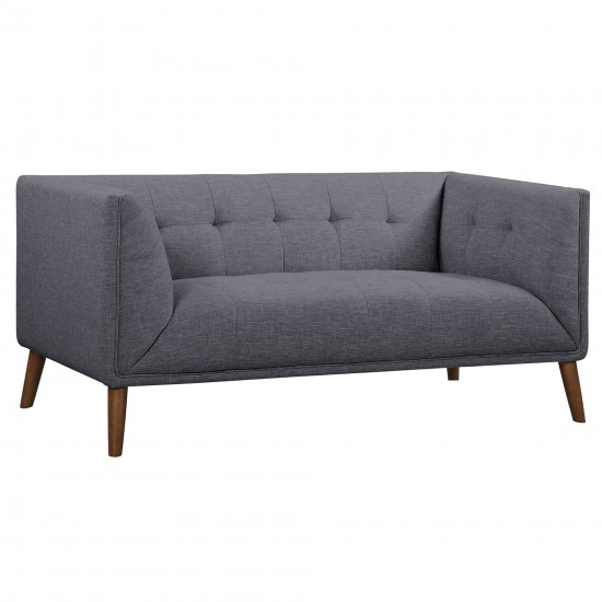 Hudson Mid-Century Button-Tufted Loveseat in Dark Gray Linen and Walnut Legs