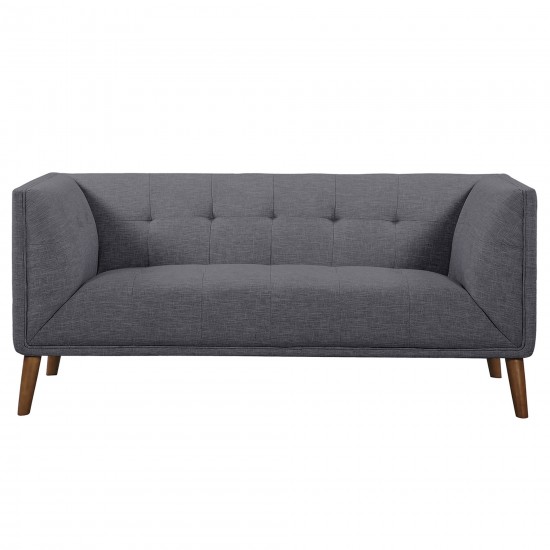 Hudson Mid-Century Button-Tufted Loveseat in Dark Gray Linen and Walnut Legs