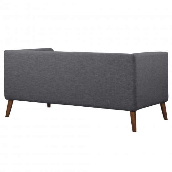 Hudson Mid-Century Button-Tufted Loveseat in Dark Gray Linen and Walnut Legs