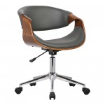 Geneva Office Chair in Chrome finish with Gray Faux Leather & Walnut Veneer Arms