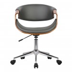 Geneva Office Chair in Chrome finish with Gray Faux Leather & Walnut Veneer Arms