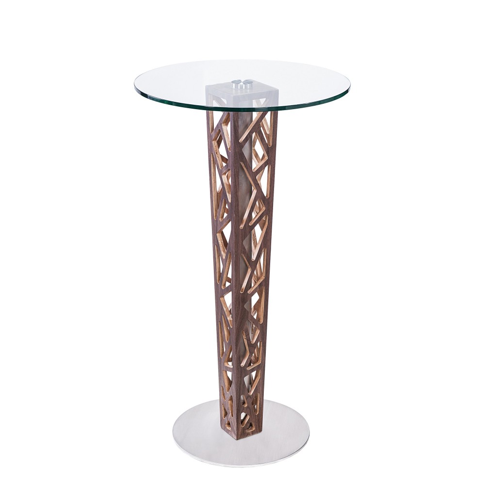 Crystal Bar Table w/ Walnut Veneer column and Brushed Stainless Steel finish