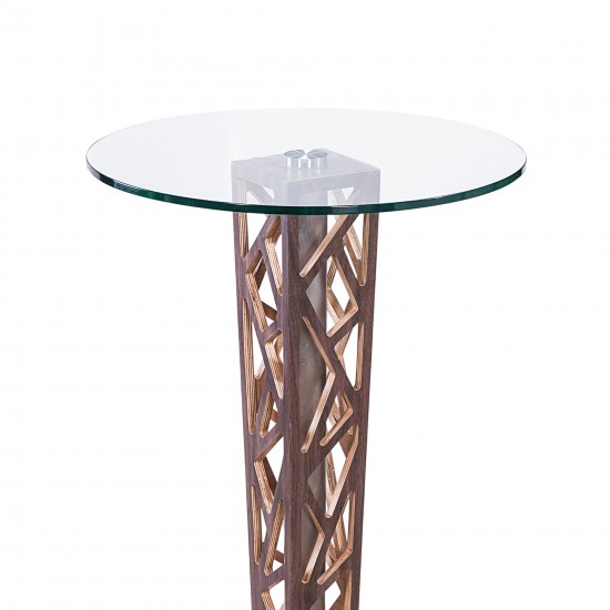 Crystal Bar Table w/ Walnut Veneer column and Brushed Stainless Steel finish