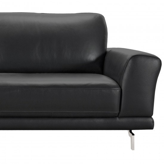 Everly Sofa in Genuine Black Leather w/ Brushed Stainless Steel Legs