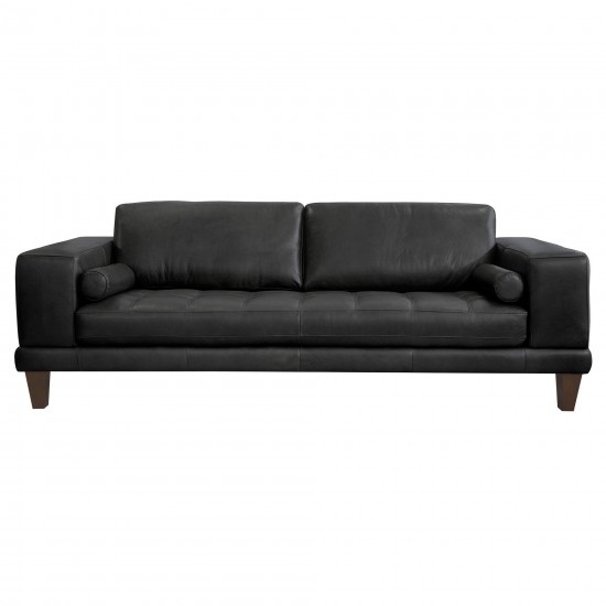 Wynne Contemporary Sofa in Genuine Black Leather with Brown Wood Legs