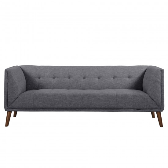 Hudson Mid-Century Button-Tufted Sofa in Dark Gray Linen and Walnut Legs