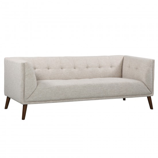 Hudson Mid-Century Button-Tufted Sofa in Beige Linen and Walnut Legs