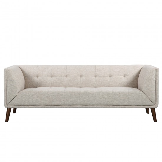 Hudson Mid-Century Button-Tufted Sofa in Beige Linen and Walnut Legs