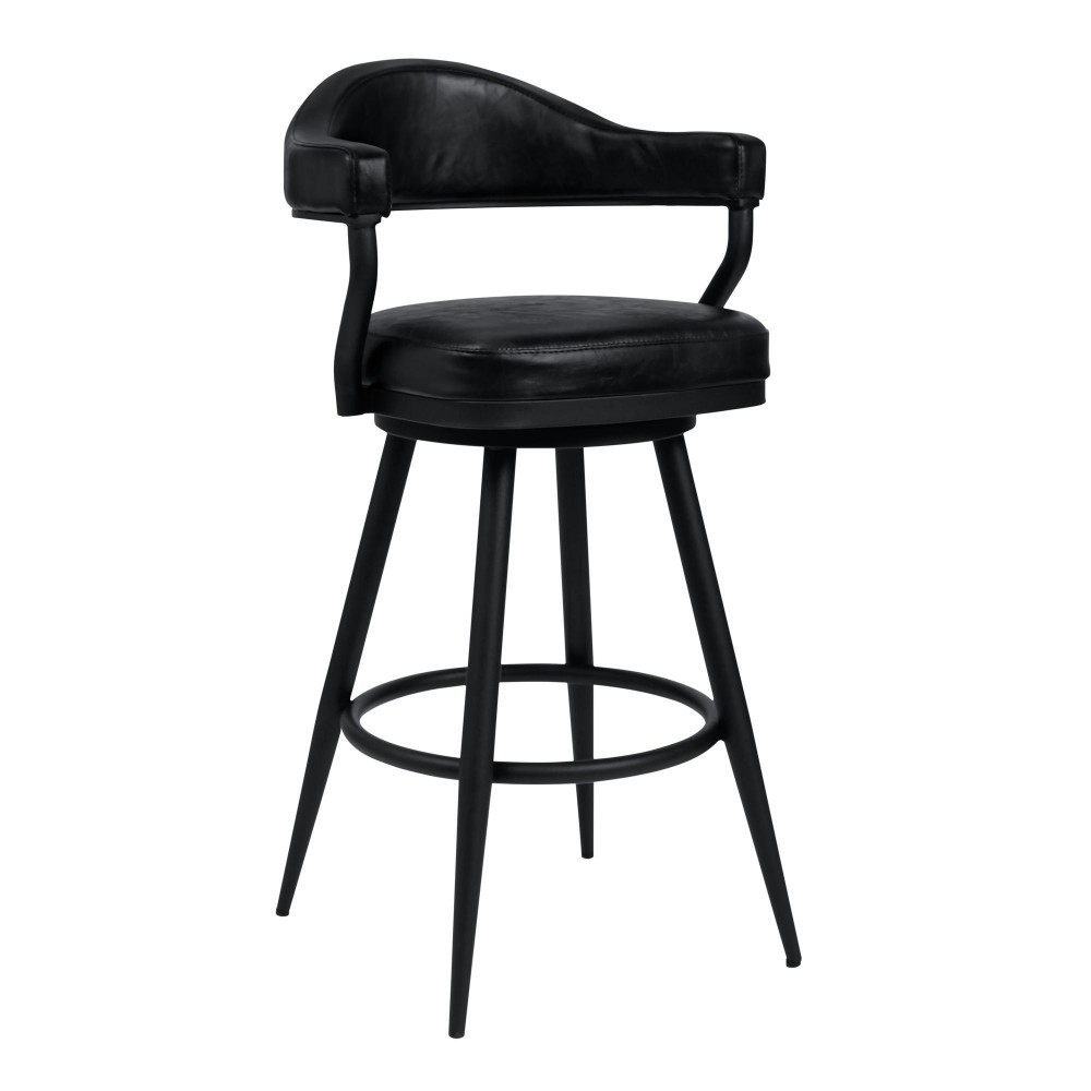 Justin 30" Bar Height Swivel Black Faux Leather Bar Stool with Black Metal Legs