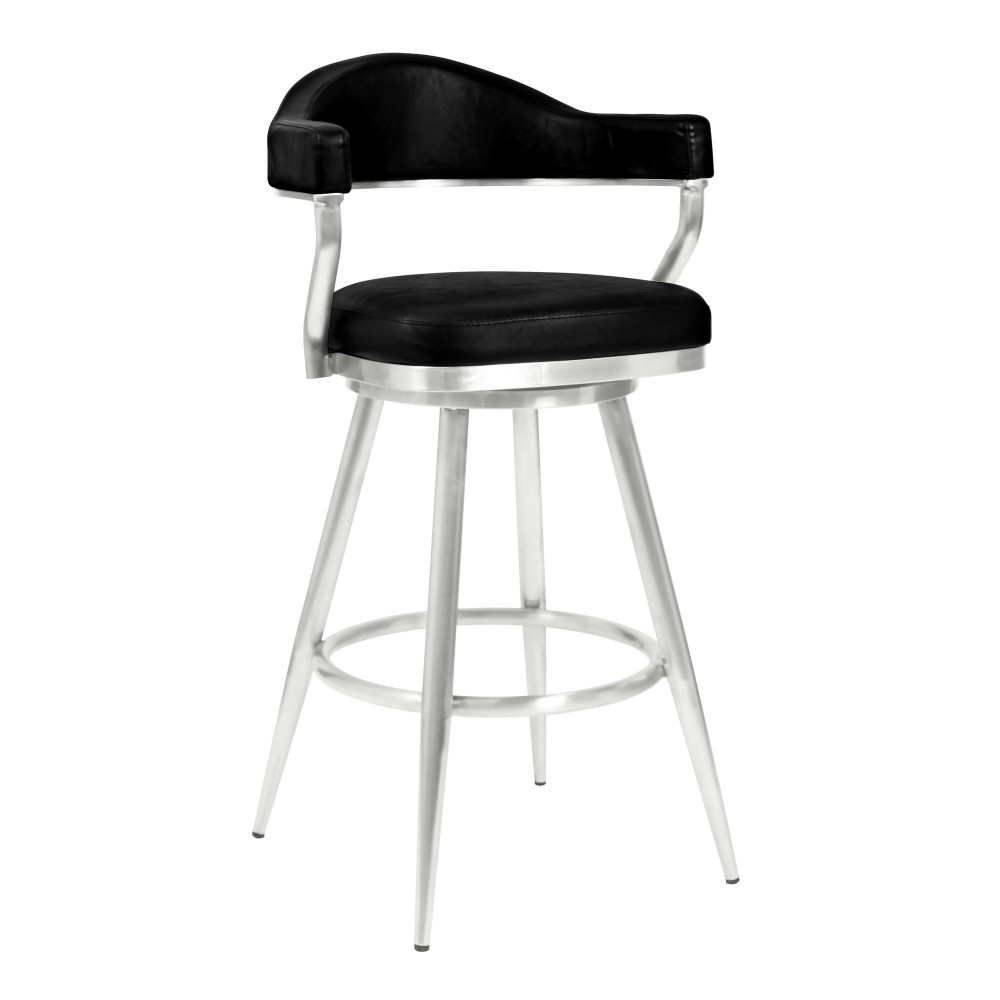 Justin 30" Bar Height Barstool in Brushed Stainless Steel and Black Faux Leather