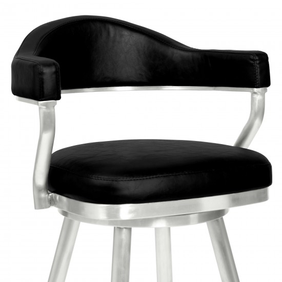 Justin 30" Bar Height Barstool in Brushed Stainless Steel and Black Faux Leather