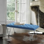 Serene Contemporary Tufted Bench in Brushed Stainless Steel with Blue Fabric