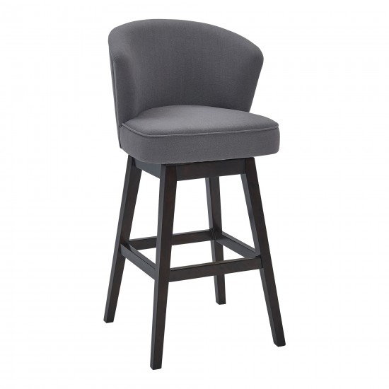 Brandy 30" Bar Height Swivel Grey Fabric and Espresso Wood Bar Stool