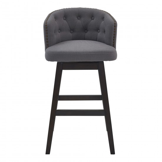 Celine 30" Bar Height Swivel Grey Fabric and Espresso Wood Bar Stool