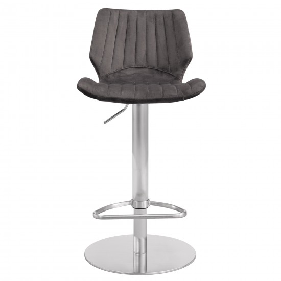 Anika Adjustable Gray Velvet and Brushed Stainless Steel Bar and Counter Stool