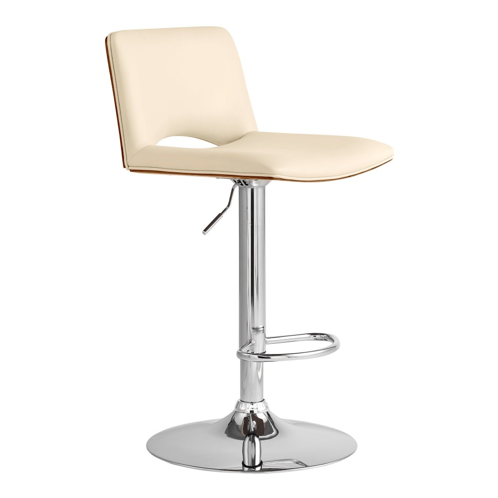 Thierry Adjustable Swivel Cream Faux Leather with Walnut Back & Chrome Bar Stool