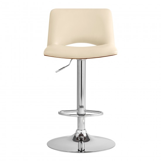 Thierry Adjustable Swivel Cream Faux Leather with Walnut Back & Chrome Bar Stool