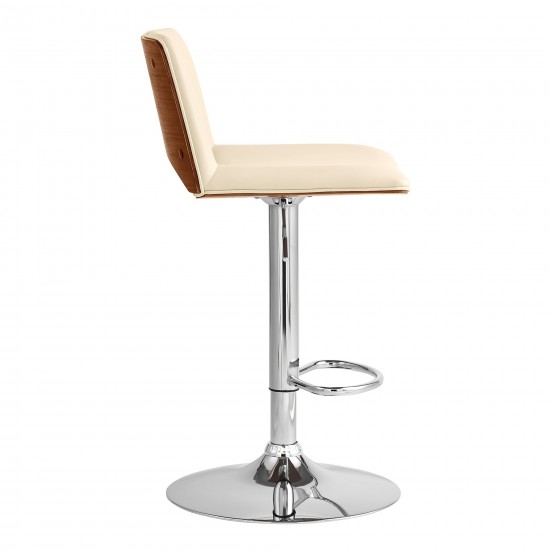 Thierry Adjustable Swivel Cream Faux Leather with Walnut Back & Chrome Bar Stool