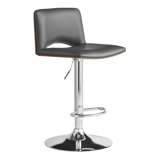 Thierry Adjustable Swivel Gray Faux Leather with Walnut Back & Chrome Bar Stool