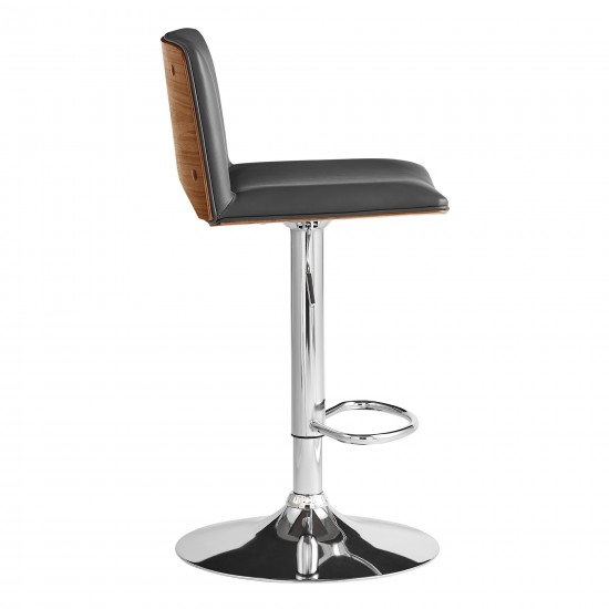 Thierry Adjustable Swivel Gray Faux Leather with Walnut Back & Chrome Bar Stool