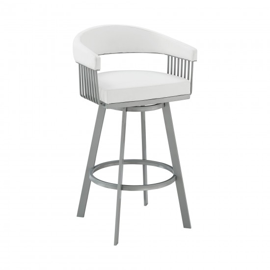 Chelsea 30" Bar Height Swivel Bar Stool in Silver finish and White Faux Leather