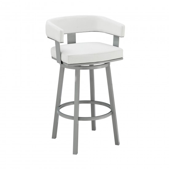 Lorin 26" Counter Height Swivel Bar Stool in Silver Finish w/ White Faux Leather