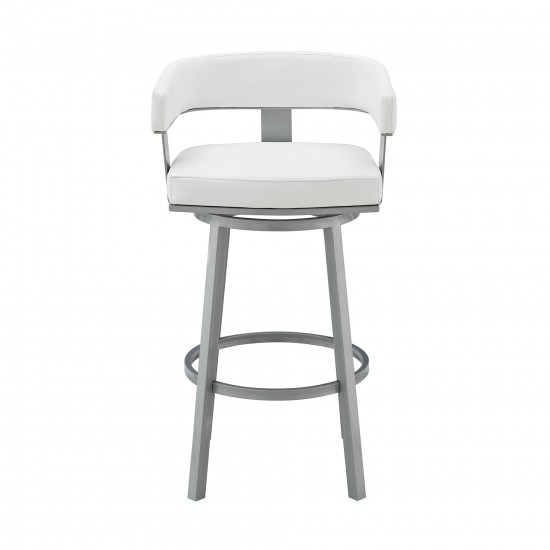 Lorin 26" Counter Height Swivel Bar Stool in Silver Finish w/ White Faux Leather