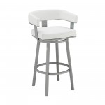 Lorin 30" Bar Height Swivel Bar Stool in Silver Finish with White Faux Leather