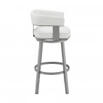 Lorin 30" Bar Height Swivel Bar Stool in Silver Finish with White Faux Leather