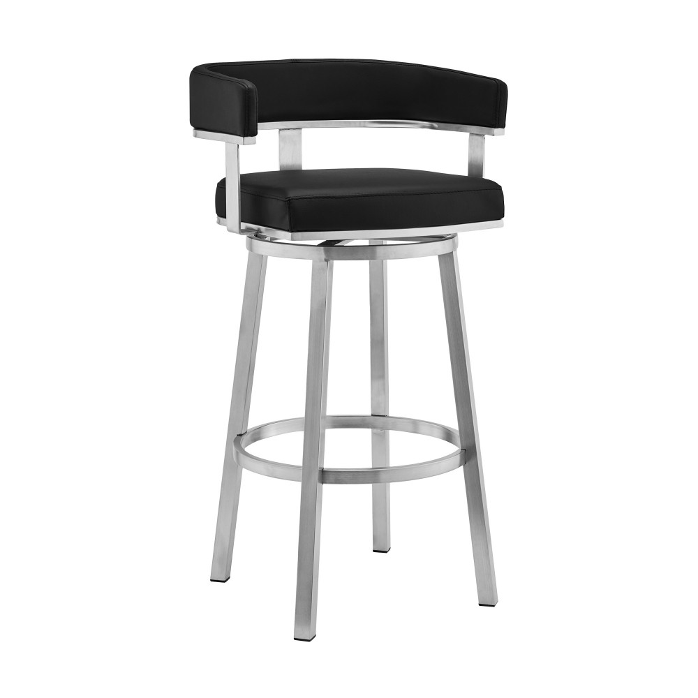 Lorin 26" Black Faux Leather and Brushed Stainless Steel Swivel Bar Stool