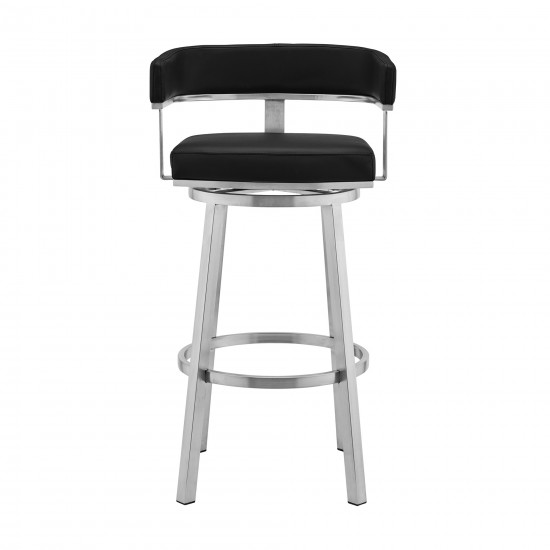 Lorin 30" Black Faux Leather and Brushed Stainless Steel Swivel Bar Stool