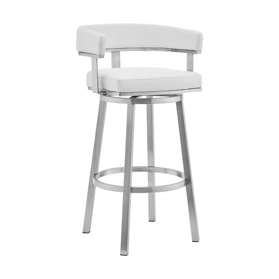 Lorin 26" White Faux Leather and Brushed Stainless Steel Swivel Bar Stool