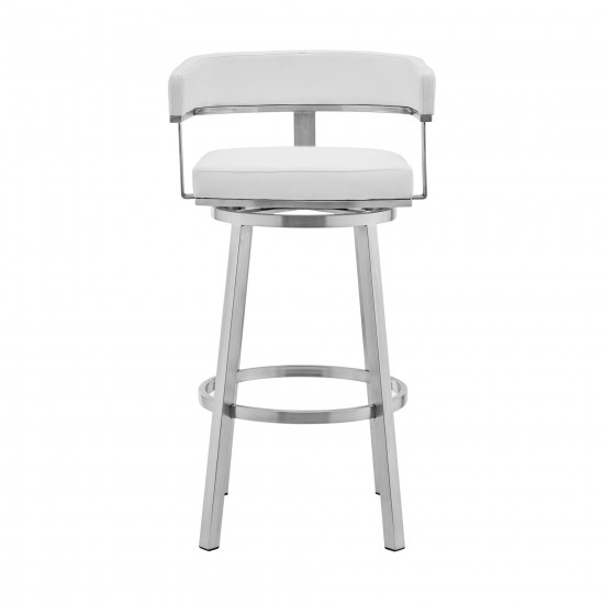 Lorin 26" White Faux Leather and Brushed Stainless Steel Swivel Bar Stool