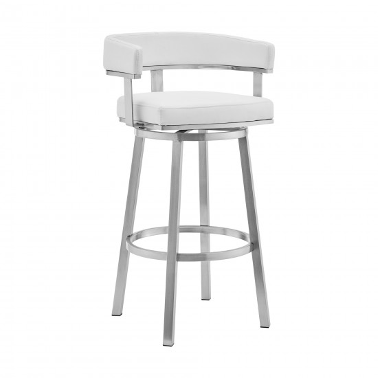 Lorin 30" White Faux Leather and Brushed Stainless Steel Swivel Bar Stool