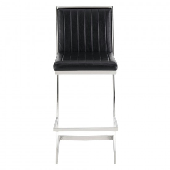 Marc 26" Vintage Black Faux Leather and Brushed Stainless Steel Bar Stool