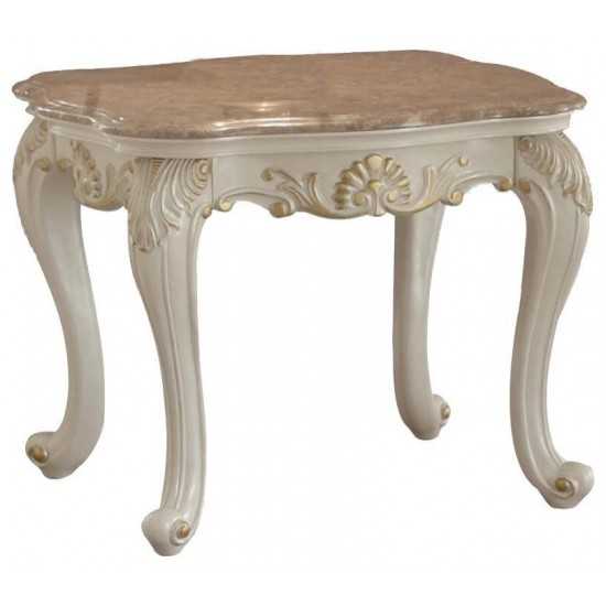 ACME Chantelle End Table w/Marble Top, Marble & Pearl White