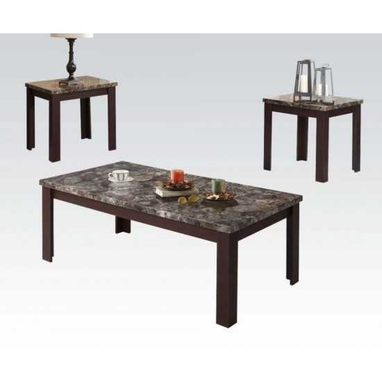 ACME Carly 3Pc Pack Coffee/End Table Set, Faux Marble & Cherry