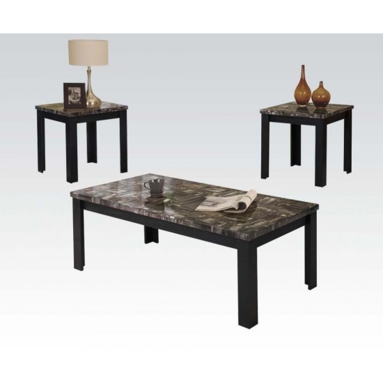 ACME Carly 3Pc Pack Coffee/End Table Set, Faux Marble & Black