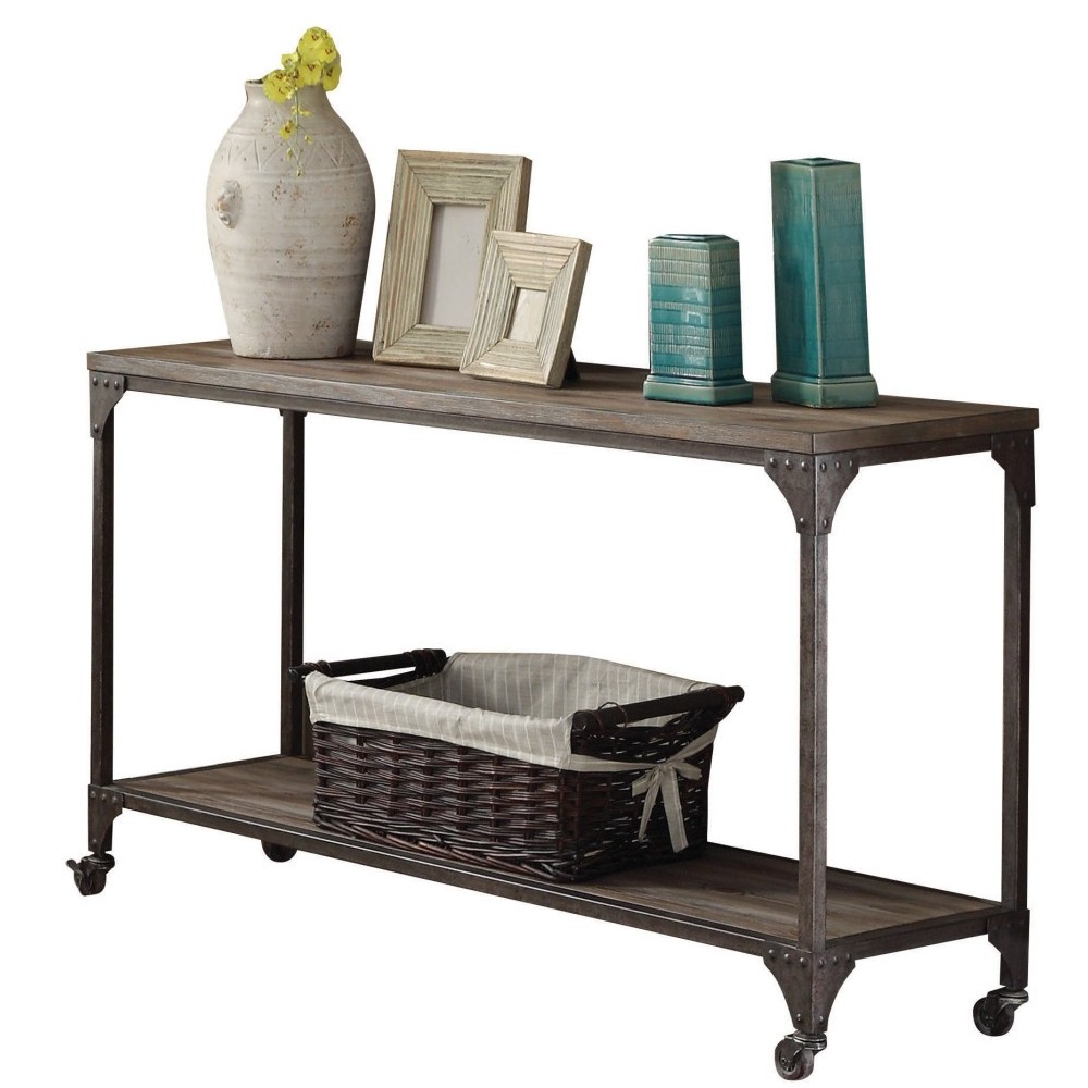 ACME Gorden Sofa Table, Weathered Oak & Antique Nickel