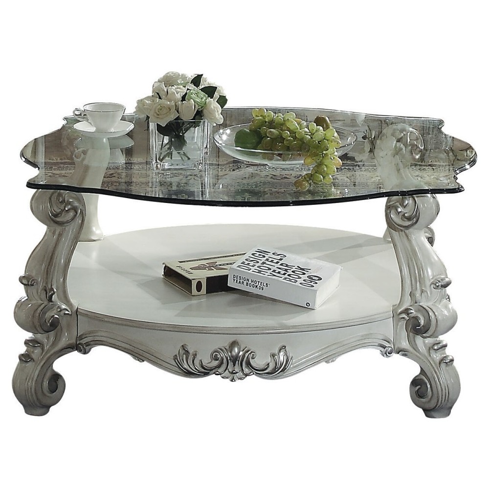 ACME Versailles Coffee Table, Bone White & Clear Glass