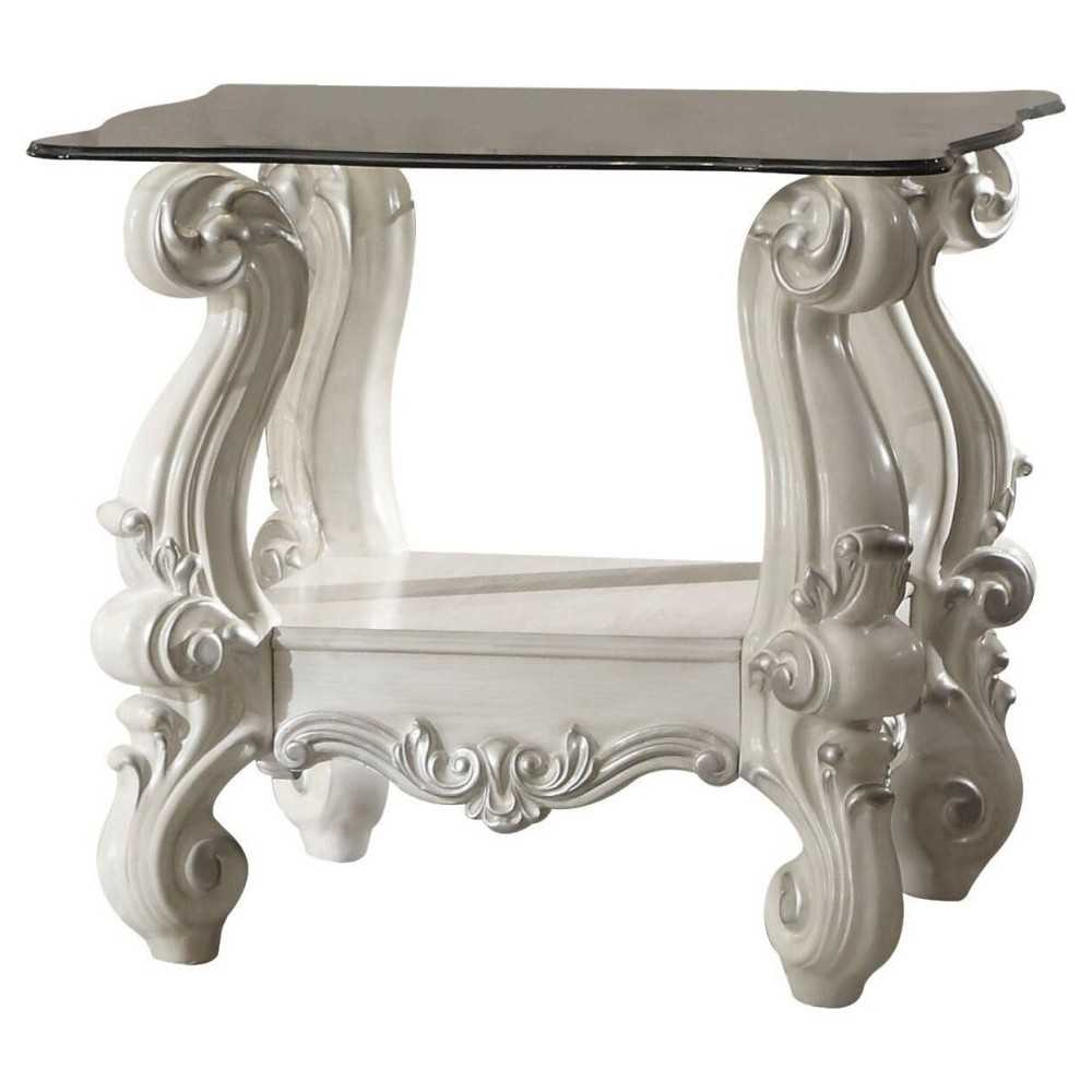 ACME Versailles End Table, Bone White & Clear Glass