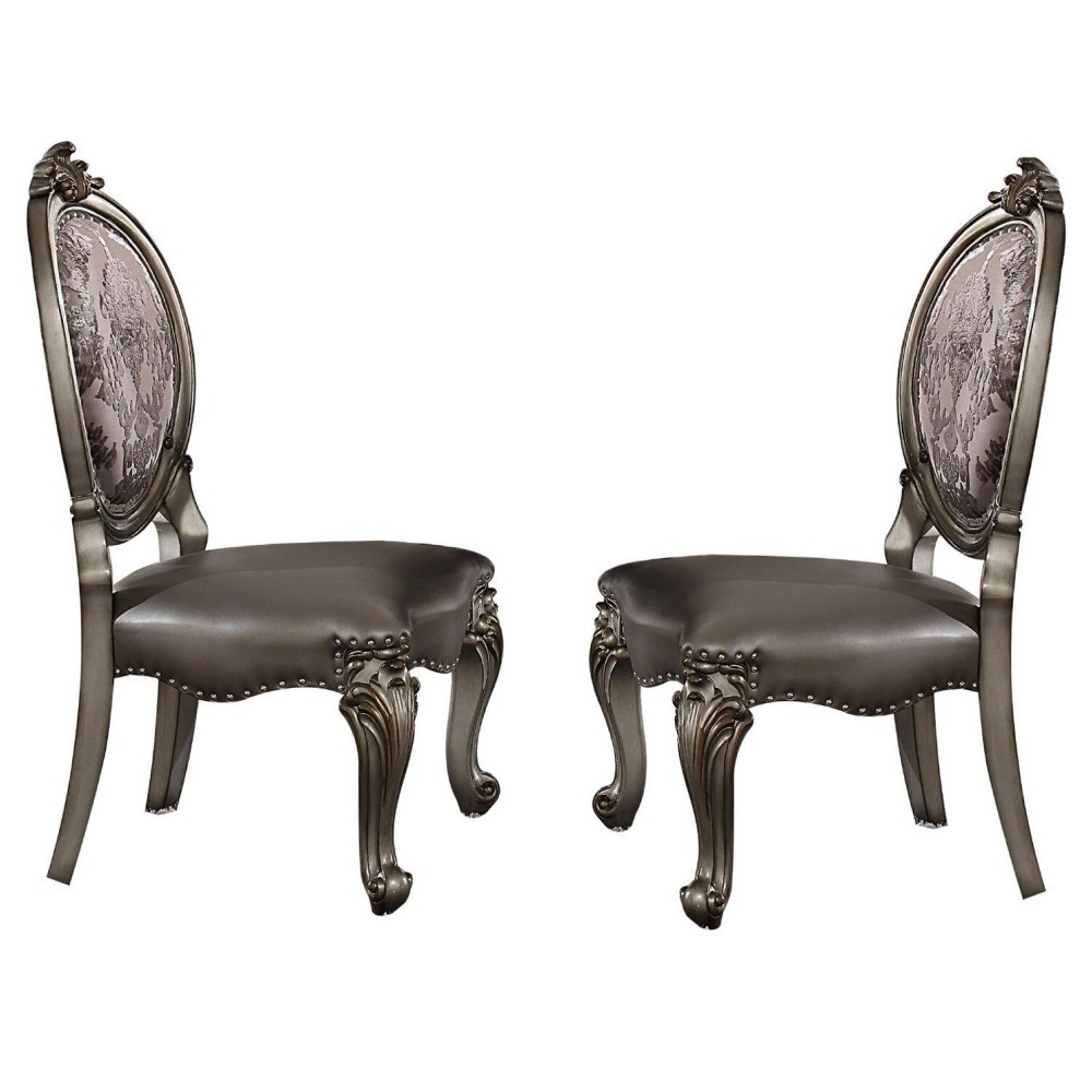 ACME Versailles Side Chair (Set-2), Silver PU & Antique Platinum