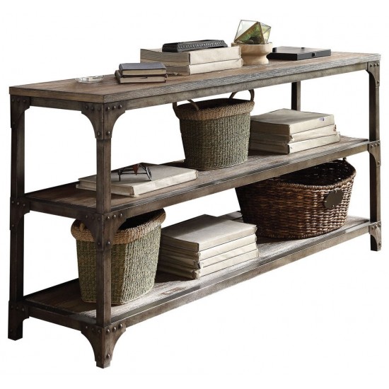 ACME Gorden Console Table, Weathered Oak & Antique Silver