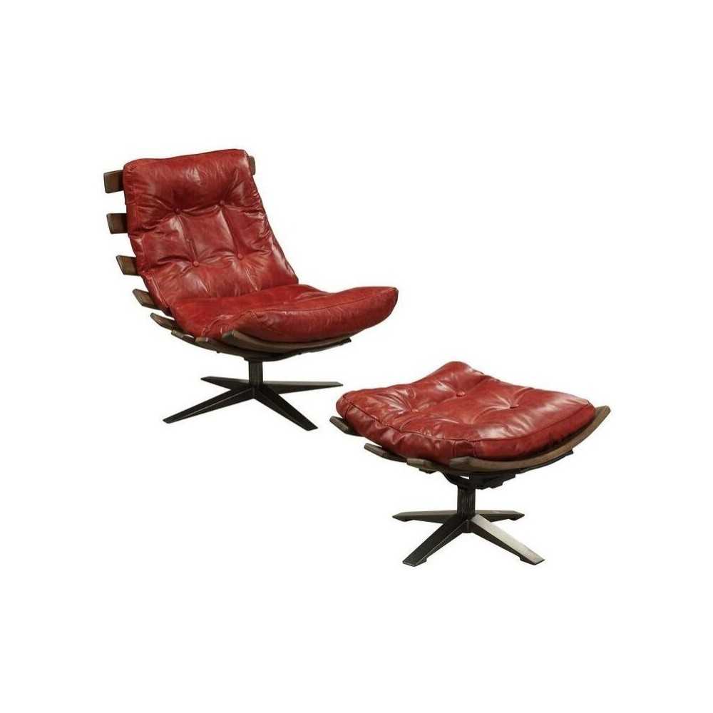 ACME Gandy 2Pc Pack Chair & Ottoman, Antique Red Top Grain Leather