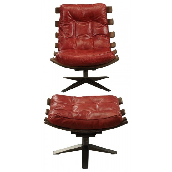 ACME Gandy 2Pc Pack Chair & Ottoman, Antique Red Top Grain Leather