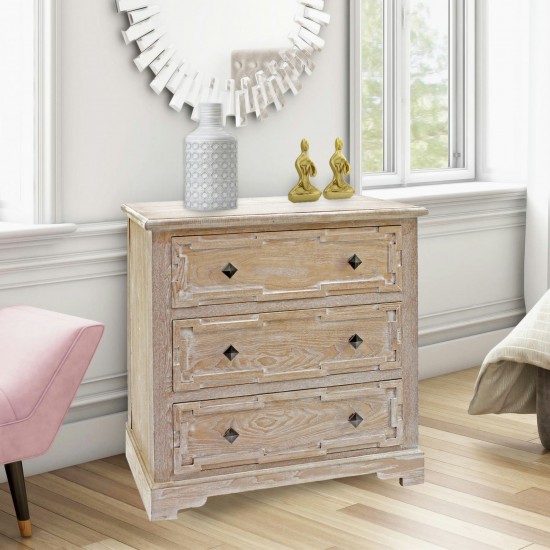 Rustic White-Washed Wooden Cabinet With 3 Drawers